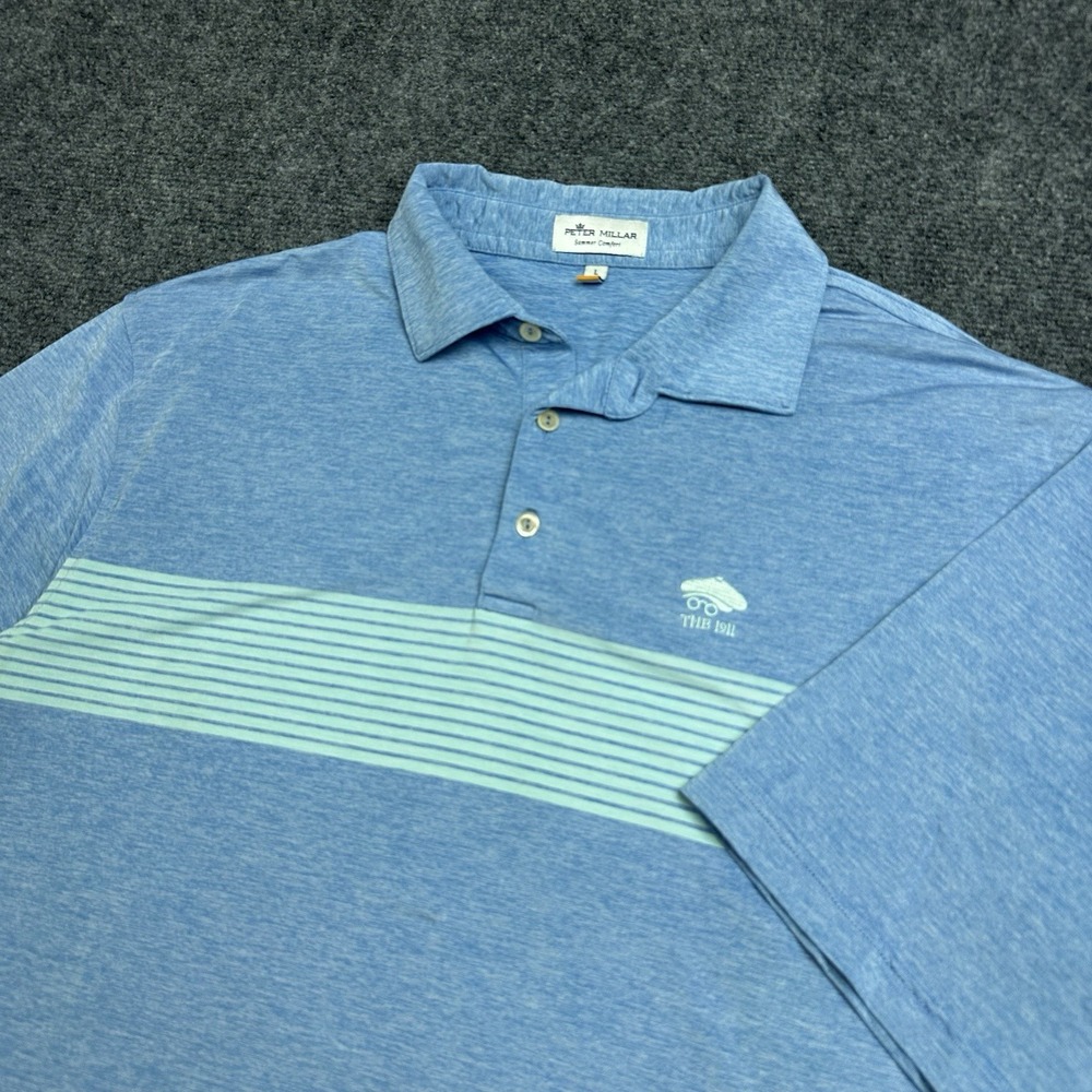 Peter Millar Summer Comfort Polo Shirt Mens L Blue Striped Golf 1911 Orlando Clu